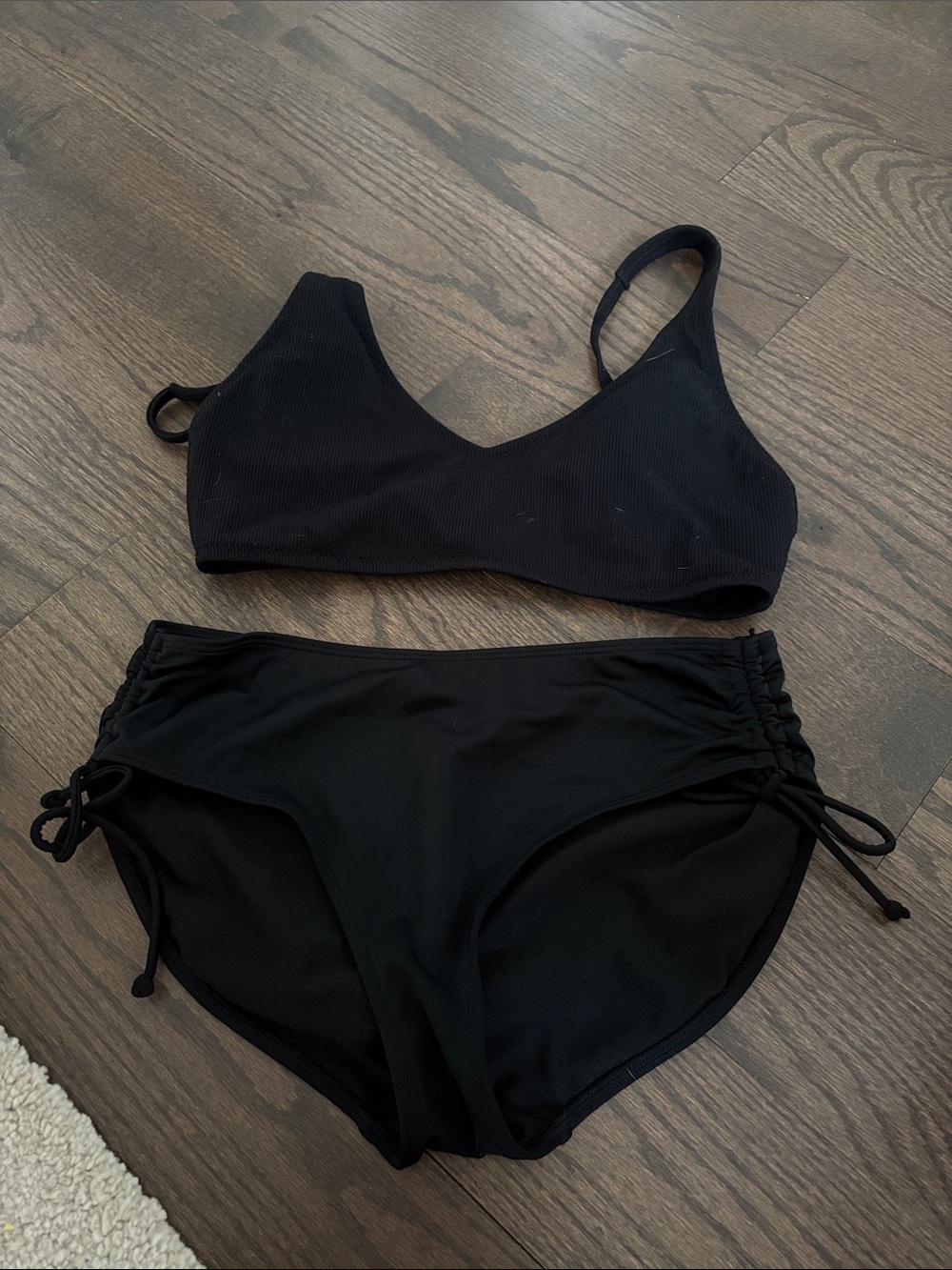 Joe Fresh Black Ribbed V‑Neck Bikini Top with Adjustable Side‑Tie Briefs
